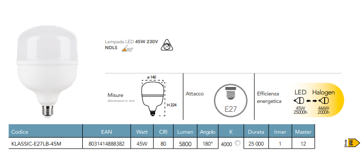 Lampada LED industriale 45W 5800 lumen resa 446W 230V