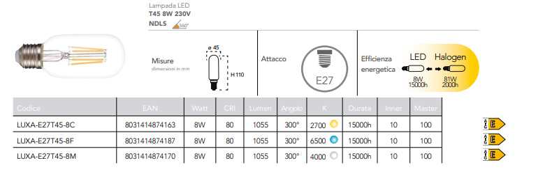 Lampadina LED filamento attacco E27 tubolare 8W 1055 lumen resa 81W