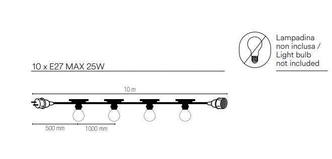 Stringa elettrificata per esterno IP44 bianco o nero lampade 10XE27 non incluse 10 metri cavo in gomma spina schuko e connettore modulabile PICNIC