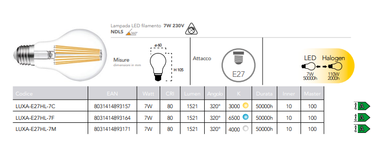 Lampadina LED filamento attacco E27 7W 1521 lumen 230V