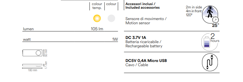 Lampada sottopensile led integrato 3000°k con sensore di movimento ricaricabile 1W 105lm collezione GTO