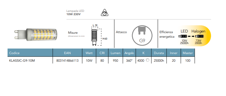 Lampadina LED attacco G9 10W 950 lumen luce natura 4000°k resa 73W