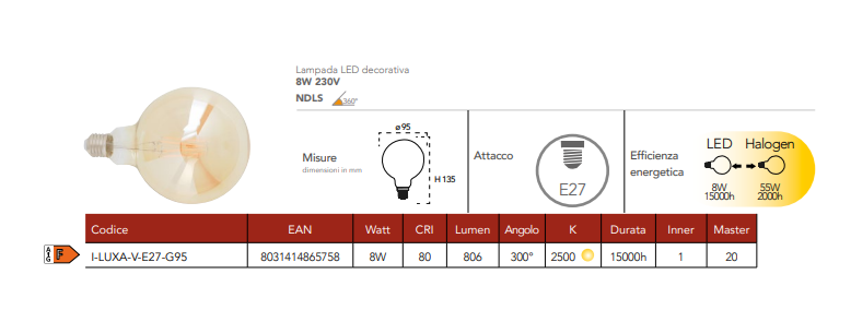 Lampada LED decorativa attacco E27 ambra globo G95 8W 806 lumen luce calda 2500°k resa 55W 230V