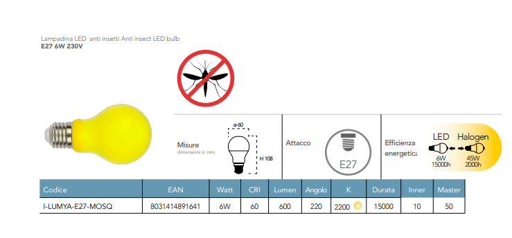 Lampadina LED attacco E27 insetticida anti-insetti 6W 600 lumen 2200°k 230V