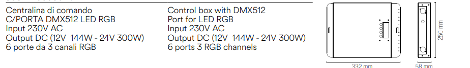 Centralina di comando DMX512 led RGB input 230V AC output DV 12/24V 6 porte da 3 canali ctr-rgb