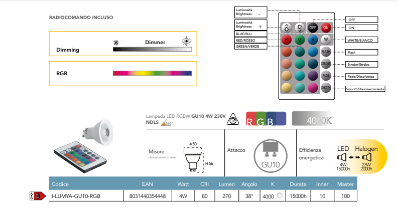 Lampadina LED con telecomando RGB+4000°k dimmerabile attacco GU10 5W 400 lumen 230V