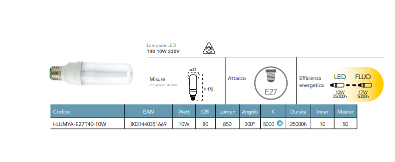 Lampadina LED tubolare attacco E27 10W 850 lumen luce fredda 5000°k