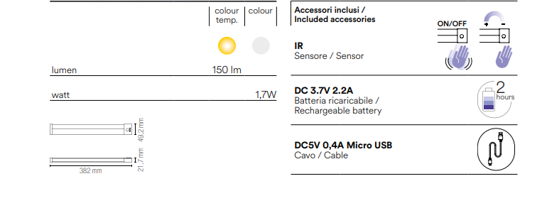 Lampada sottopensile led integrato 3000°k con sensore IR finitura bianco a batterie ricaricabile USB collezione BLAM