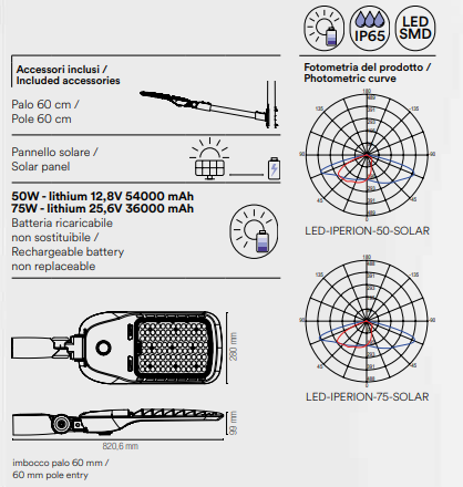 Faro stradale per esterno IP65 in alluminio silver con lenti in materiale autoestinguente , antiurto e anti-UV led 4000°k 50-70W con PANNELLO SOLARE IPERION