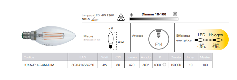 Lampadina LED filamento attacco E14 candela dimmerabile 4W 400 lumen luce natura 4000°k 230V