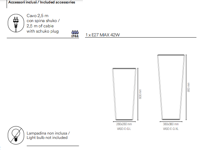 Vaso per esterno IP65 in polietilene lampada 1XE27 non inclusa due misure GECO-VASO-E27