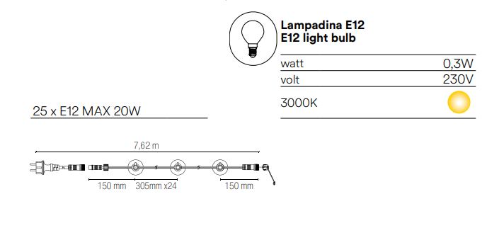 Stringa elettrificata per esterno IP44 lampade E12 incluse cavo 7.62 metri in PVC con spina schuko e connettore modulabile luce calda 3000°k  PICNIC