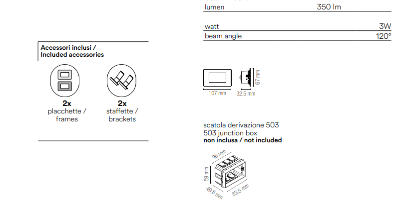 Segnapassi IP65 incasso in cassetta di derivazione 503 non inclusa con doppia placca bianco e nikel led CCT 3W 350LM BOLT