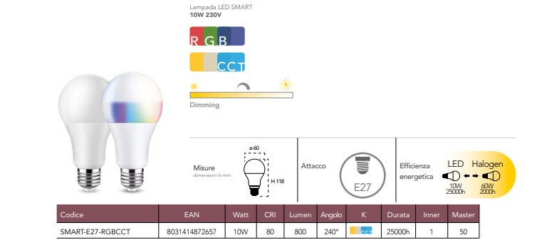 Lampadina LED SMART WIFI CCT RGB dimmerabile attacco E27 sfera 10W 800 lumen resa 60W 230V