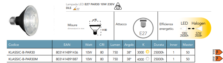 Lampadina LED PAR30 attacco E27 10W 750 lumen 230V finitura nera