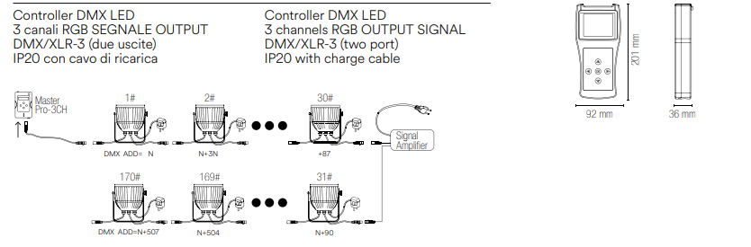 Controller DMX led 3 canali RGB out DMX/XLR-3 IP20 con cavo di ricarica