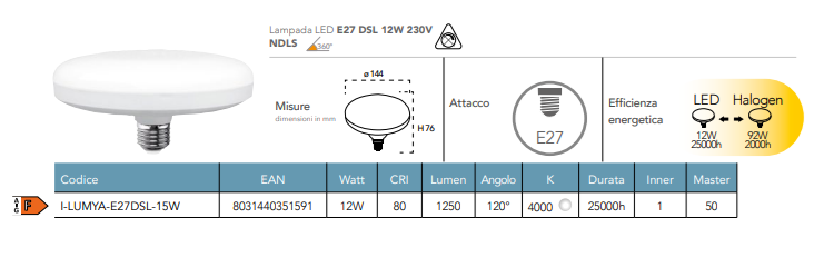 Lampadina LED attacco E27 DSL 12W 1250 lumen luce natura 4000°k