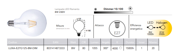 Lampadina LED filamento attacco E27 globo G125 8W 1055 lumen luce natura 4000°k dimmerabile