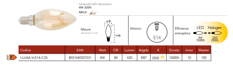 Lampadina LED decorativa candela attacco E14 ambra 4W 420 lumen luce calda 2500°k resa 32W 230V