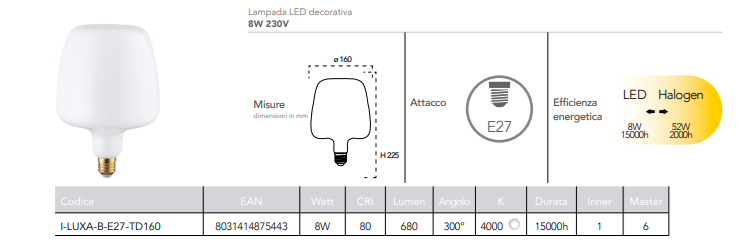 Lampada LED decorativa attacco E27 vetro opale 8W 680 lumen luce natura 4000°k resa 52W 230V