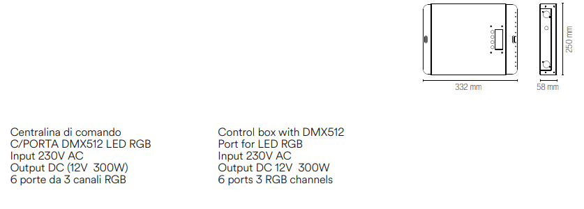 Centralina di comando DMX512 led RGB input 230V AC output DC 12V 300W 6 porte da 3 canali RGB CTR-RGB12