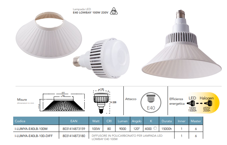 Lampadina LED industriale con diffusore in policarbonato attacco E40 100W 9000 lumen luce natura 4000°k