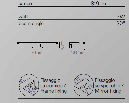 Applique led integrato con struttura in termoplastica e diffusore in acrilico con fissaggio su cornice o su specchio 4000°k collezione SACS