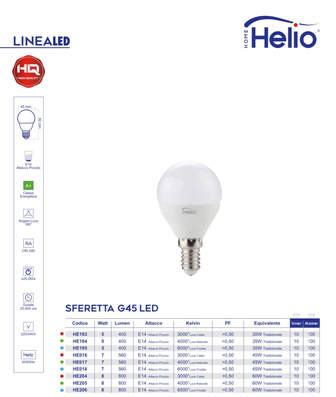 LAMPADINA SFERICA LED G45 E14