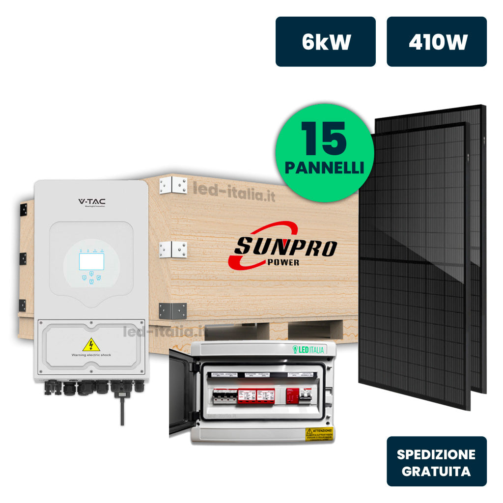 V-TAC Italia KIT Fotovoltaico Monofase 6kW con Inverter Ibrido, 15 Moduli SUNPRO TIER-1 410W Full Black, Quadro Combinato 2-2 AC-DC 6kW senza Accumulo