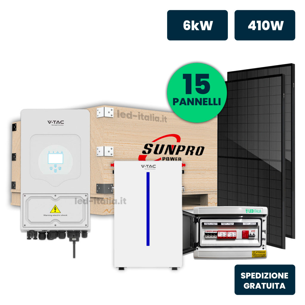 V-TAC Italia KIT Fotovoltaico Monofase 6kW con Inverter Ibrido, 15 Moduli SUNPRO TIER-1 410W Full Black con Accumulo LFP 6kWh e Quadro Combinato 2-2 AC-DC 6kW