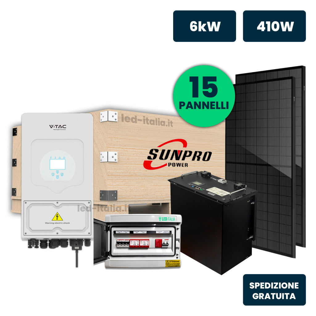 V-TAC Italia KIT Fotovoltaico Monofase 6kW con Inverter Ibrido, 15 Moduli SUNPRO TIER-1 410W Full Black con Accumulo LFP 10kWh e Quadro Combinato 2-2 AC-DC 6kW